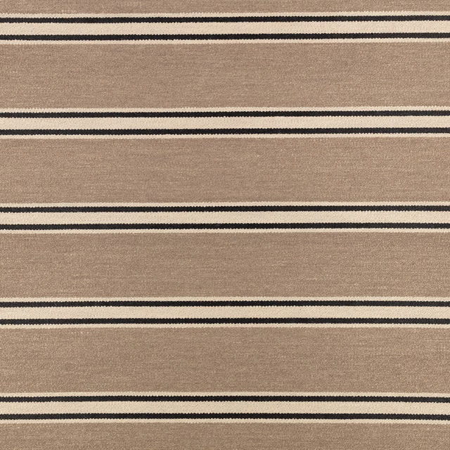 Warm taupe woven fabric with charcoal and ivory horizontal stripe bands
