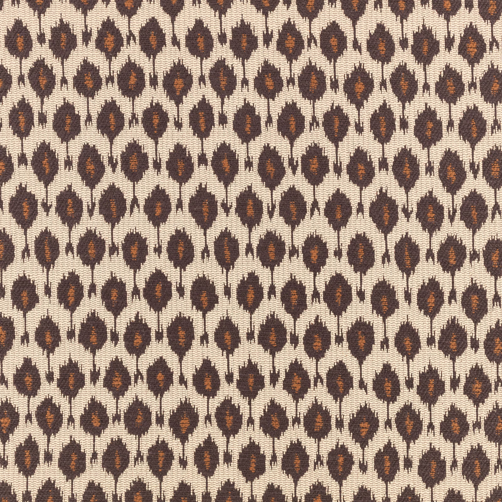 Ivory woven fabric with charcoal floral teardrops and rust-brown centres