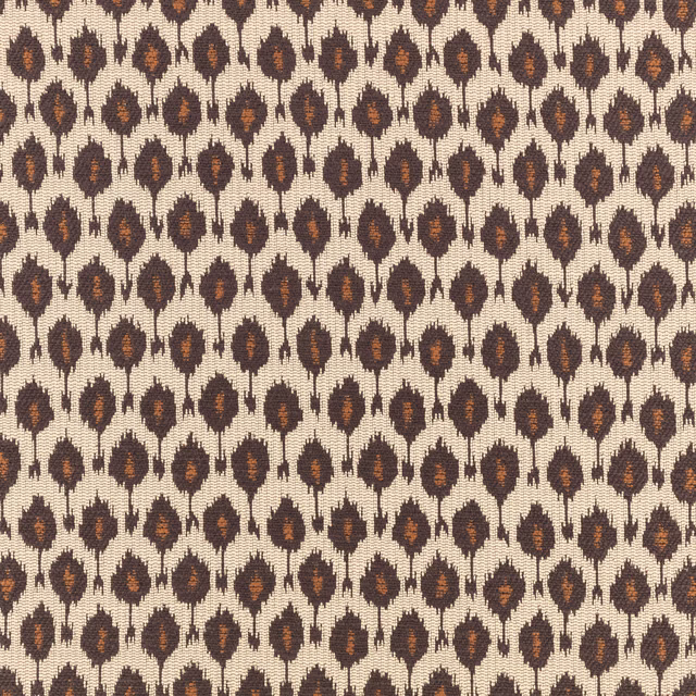 Ivory woven fabric with charcoal floral teardrops and rust-brown centres