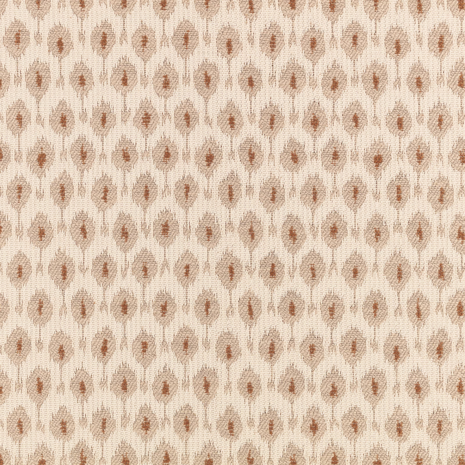 Warm cream woven ground with repeating clay-brown ikat-like diamond motifs