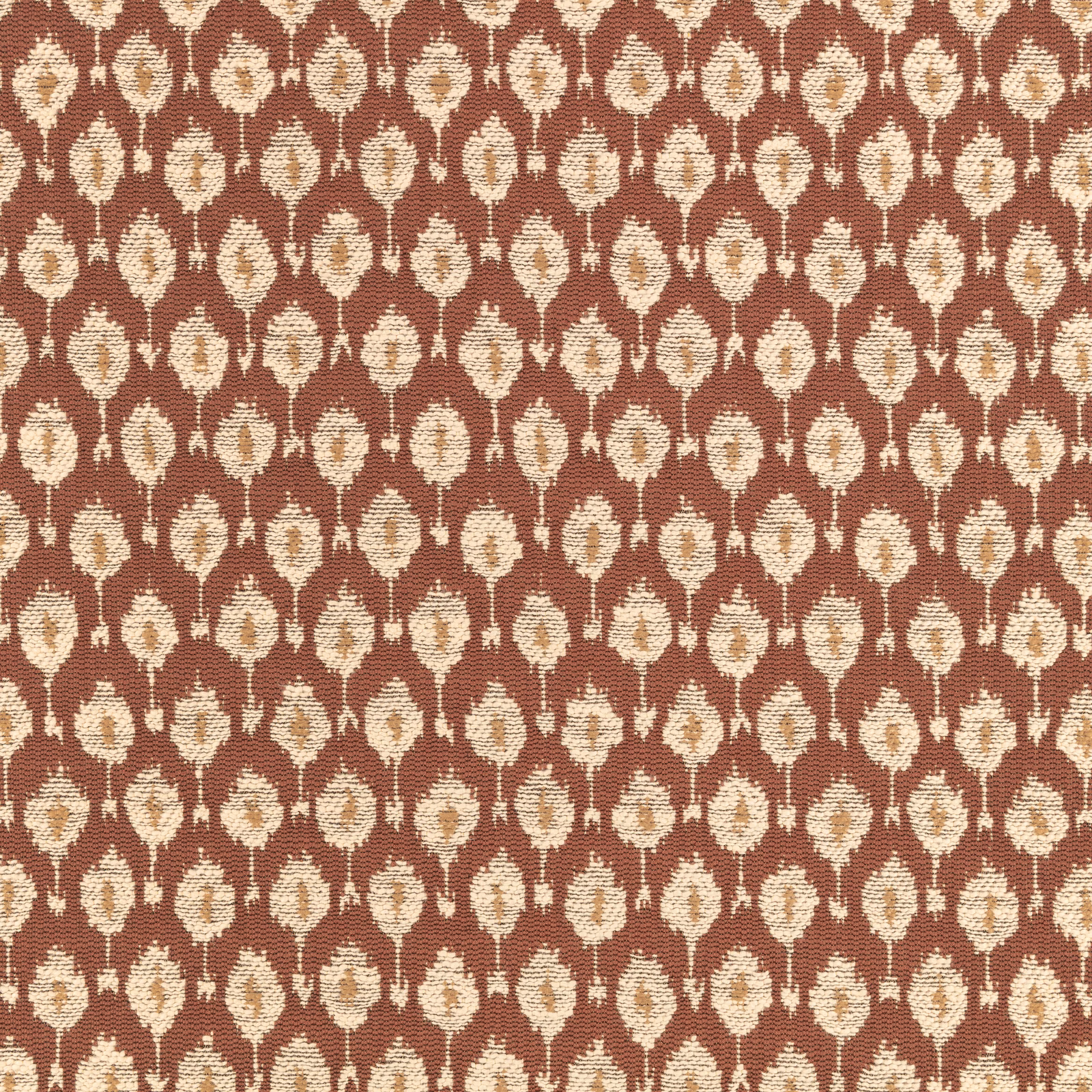 Terracotta-brown woven fabric with repeating cream leaf-like motifs in rows