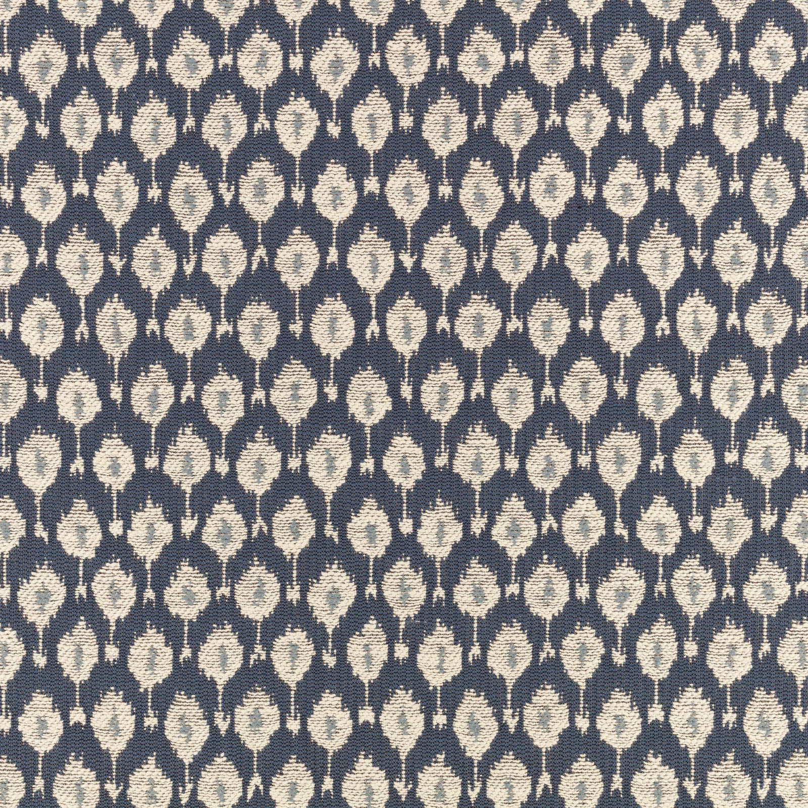 Deep navy woven fabric with repeated small cream leaf motifs in neat rows