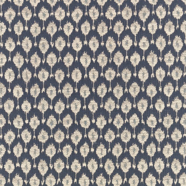 Deep navy woven fabric with repeated small cream leaf motifs in neat rows
