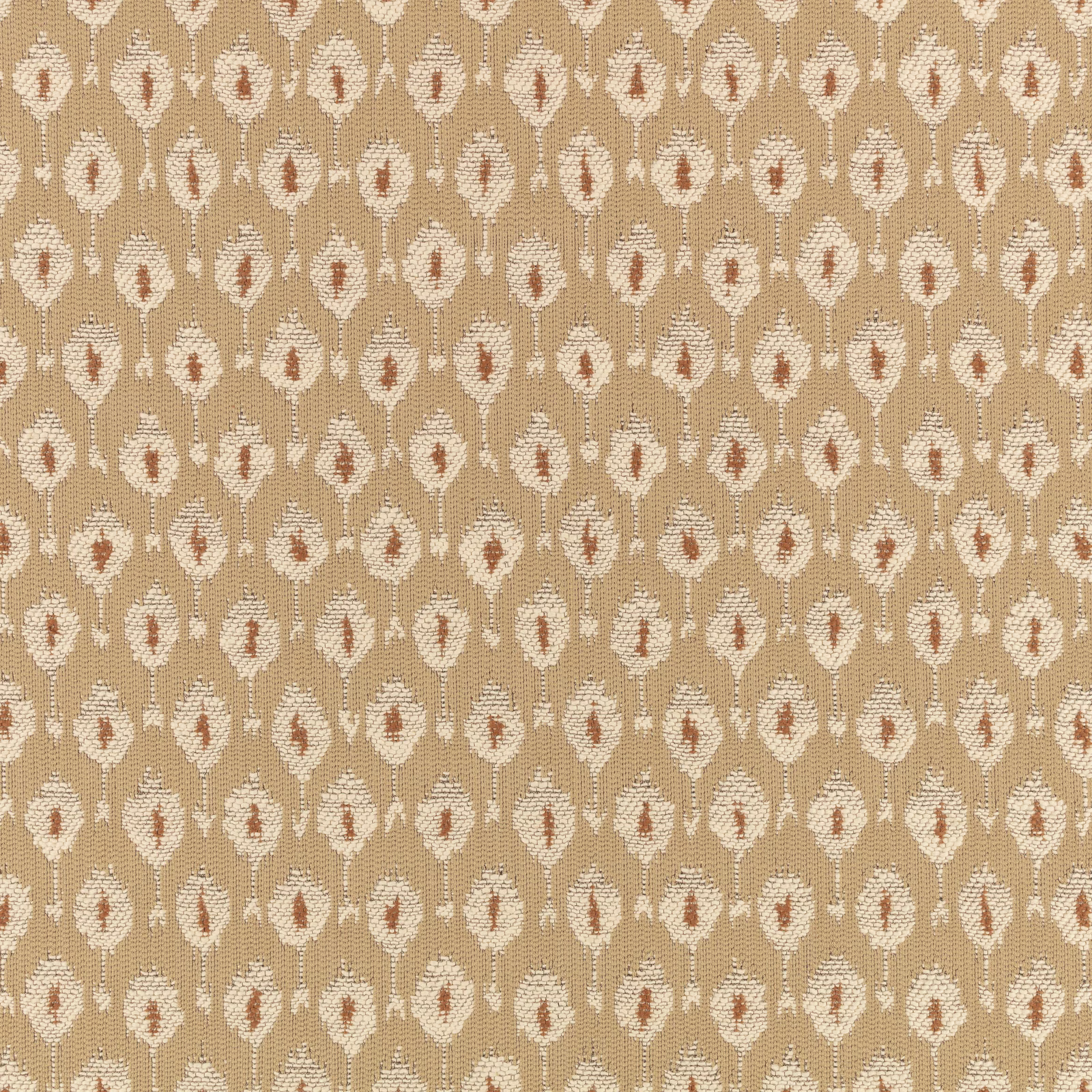 Warm beige woven fabric with cream lozenges and terracotta centres in rows