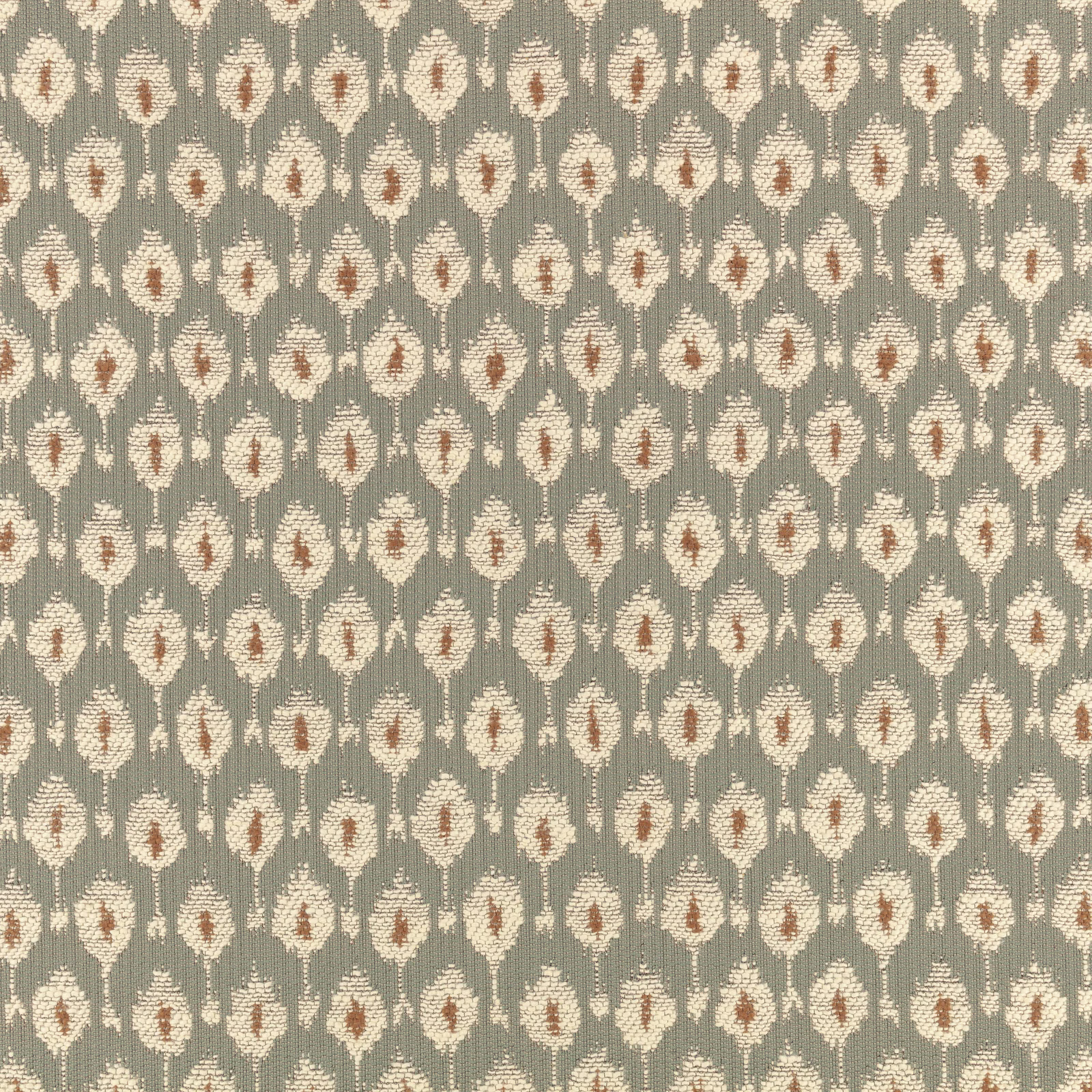 Muted sage woven fabric with ivory teardrops and terracotta centres in a small repeat