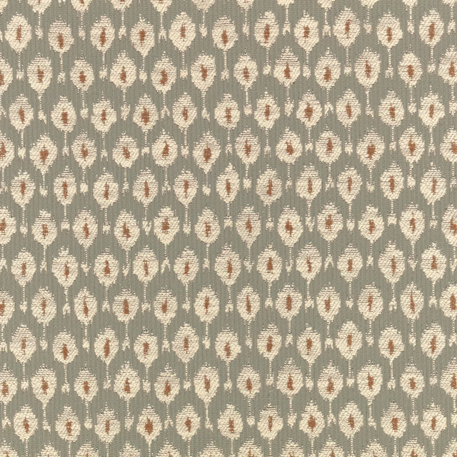 Muted sage woven fabric with ivory teardrops and terracotta centres in a small repeat