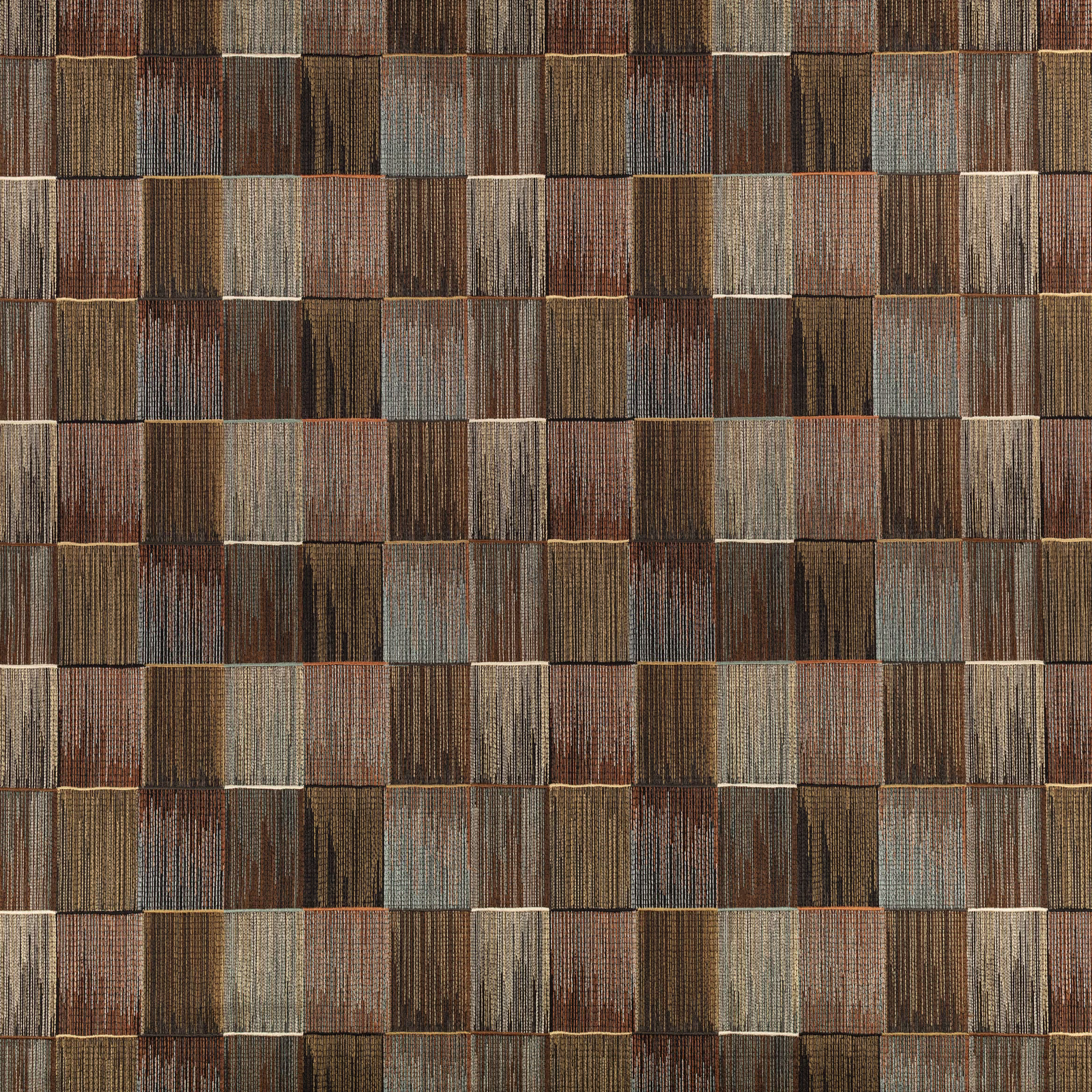 Chocolate brown patchwork textile with rust, taupe and blue-grey vertical striations