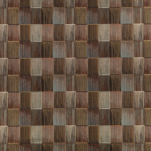 Chocolate brown patchwork textile with rust, taupe and blue-grey vertical striations