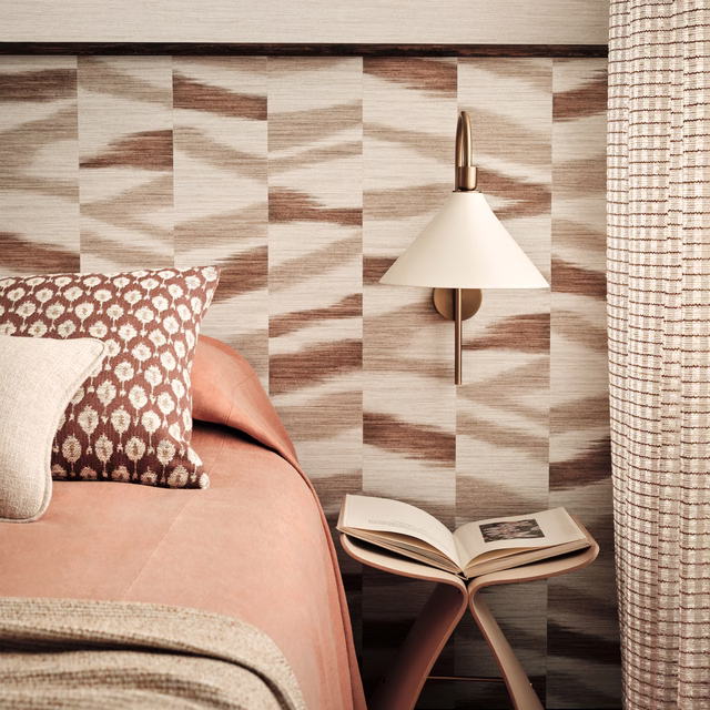 Tuscan pink geometric wallcovering with warm beige and brown brushed blocks