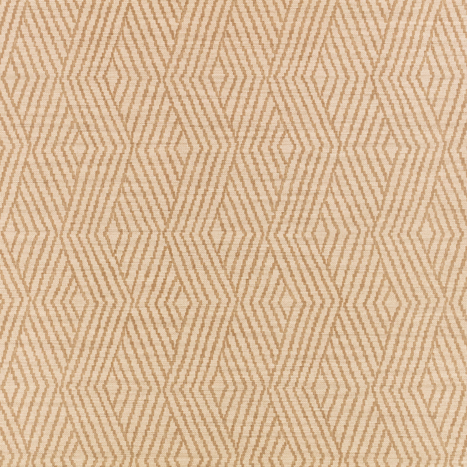 Warm tawny diamond zigzags repeat across a softly textured beige wallpaper ground