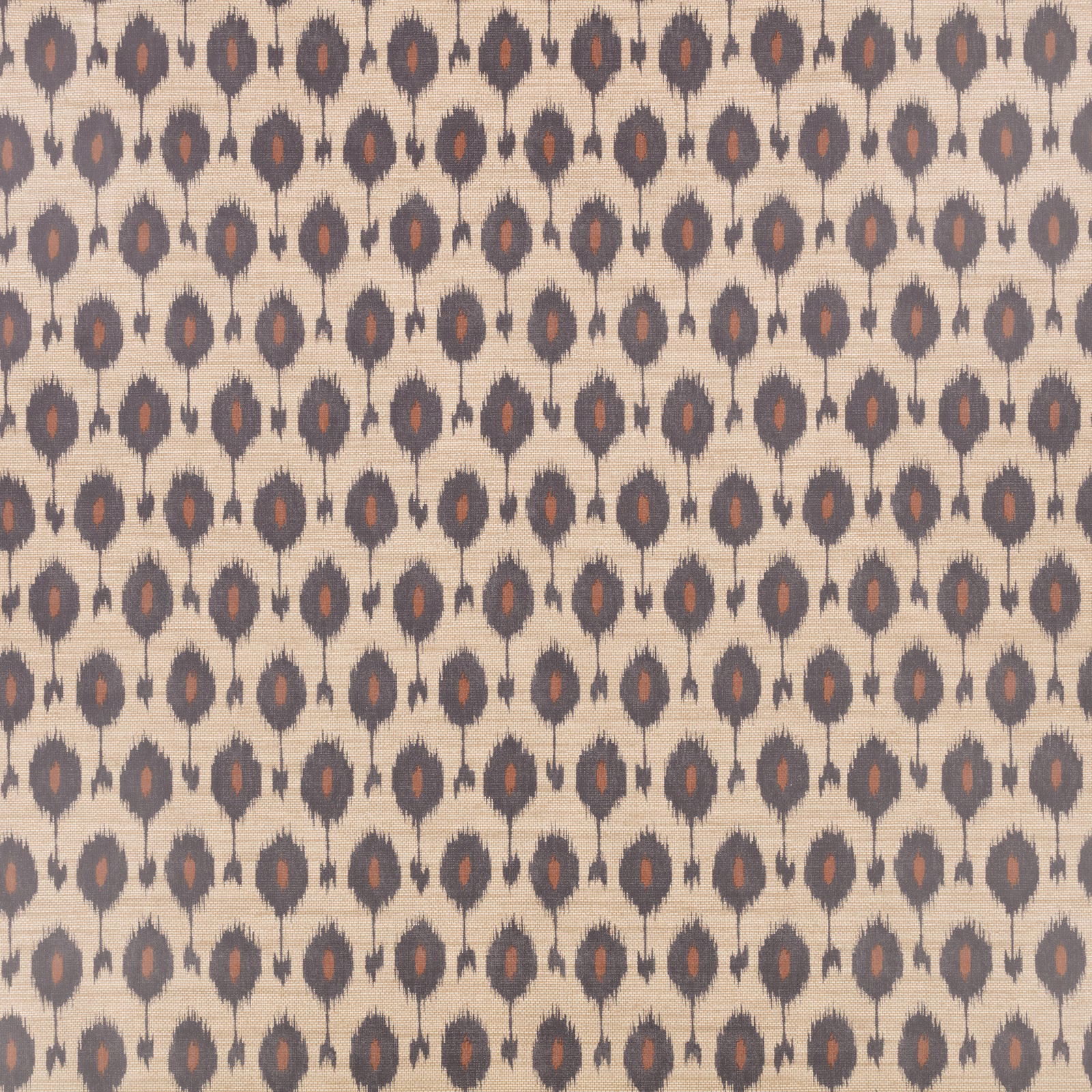 Beige wallpaper with repeating charcoal ikat motifs and rust-coloured centres