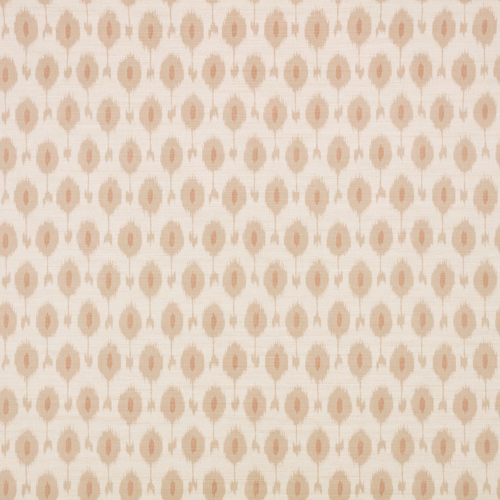 Small blush and beige ikat motifs repeat across a warm cream wallpaper ground
