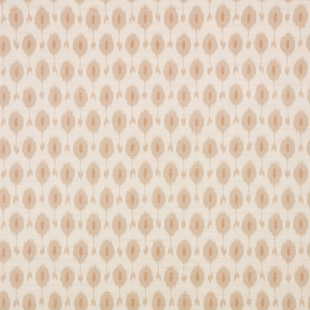 Small blush and beige ikat motifs repeat across a warm cream wallpaper ground