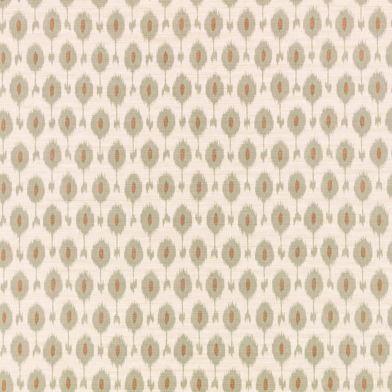 Cream wallpaper with repeating watermint ovals and muted terracotta centres