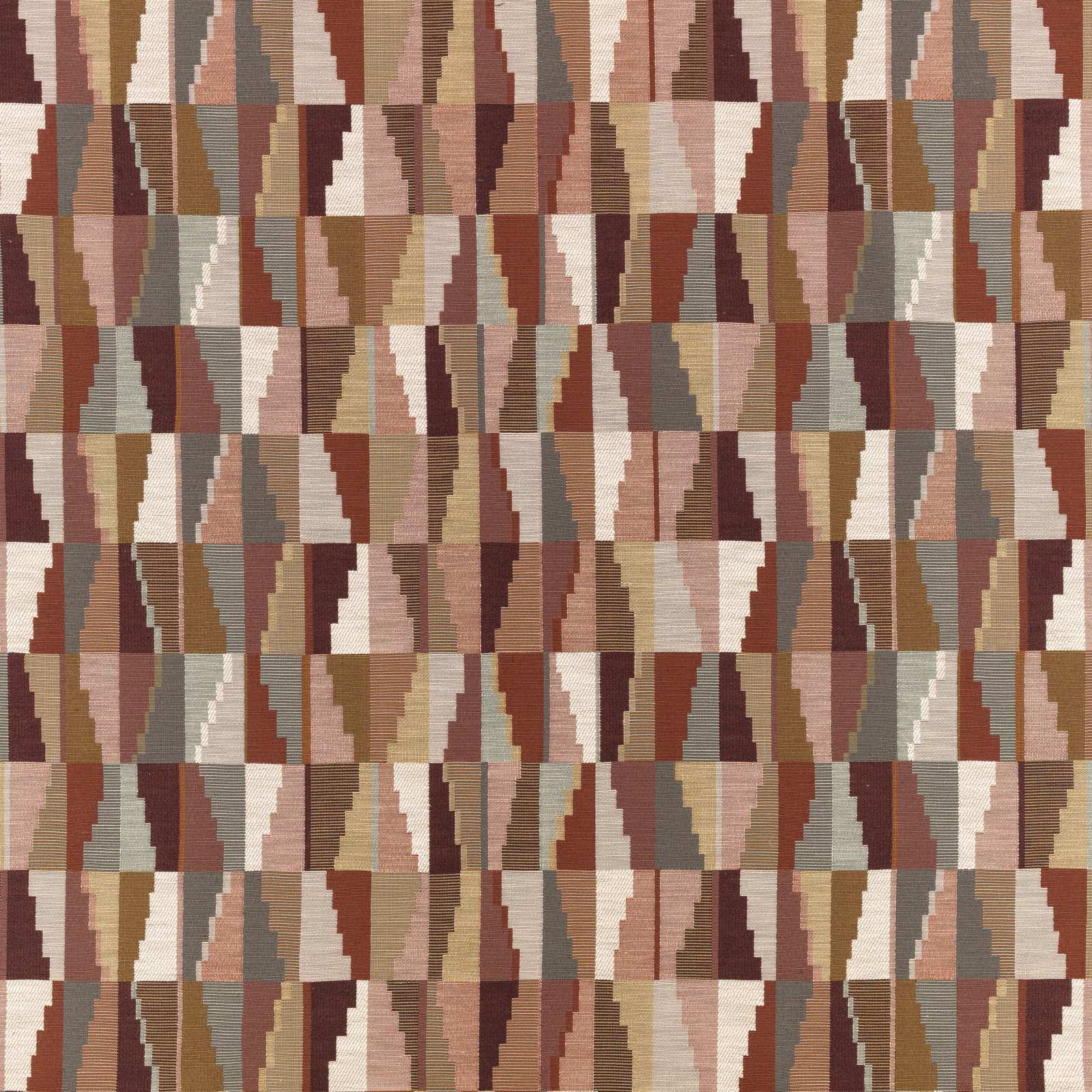 Woven geometric swatch in maple, rust, taupe, cream and muted grey-green