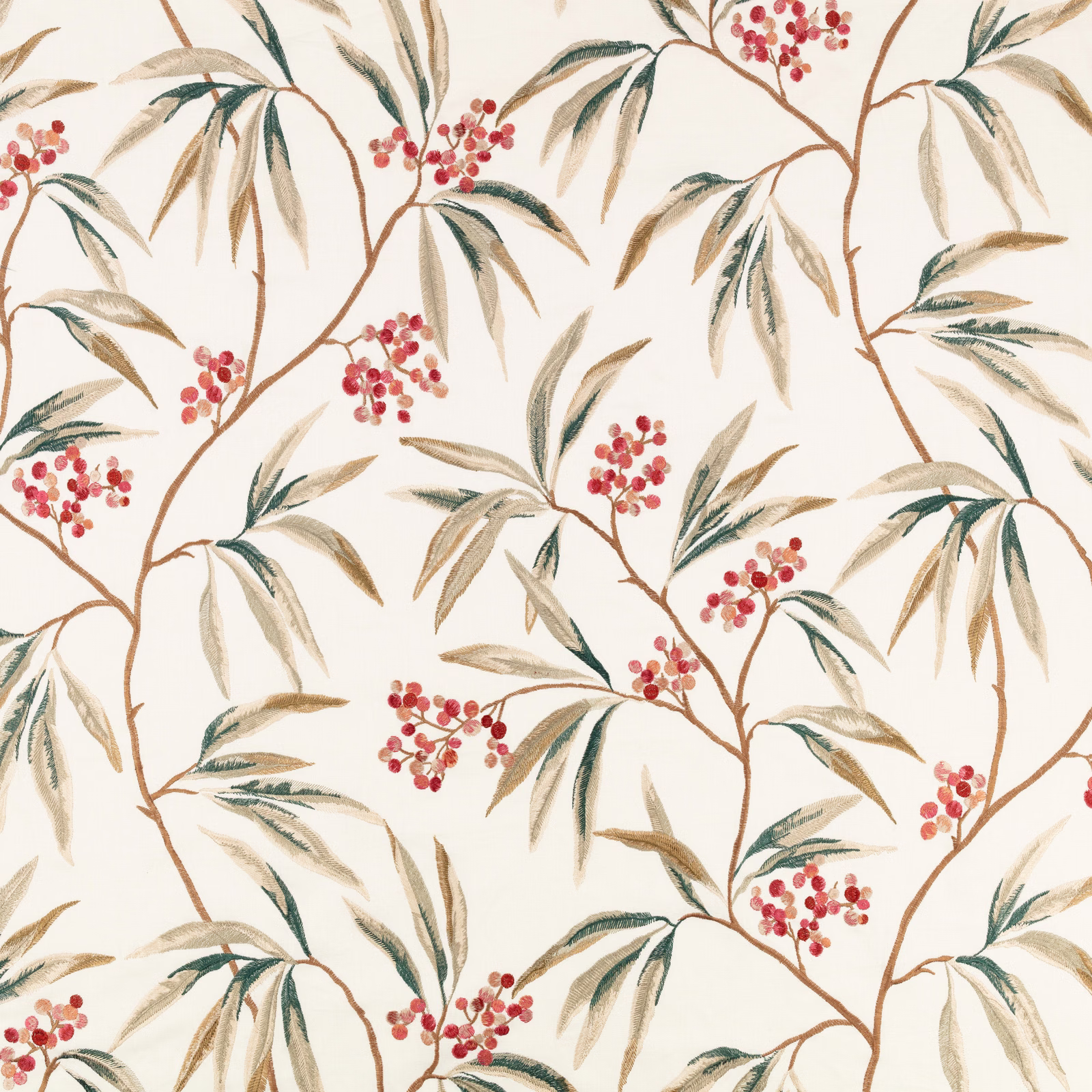 Ivory botanical fabric with russet branches, muted leaves and clusters of red berries