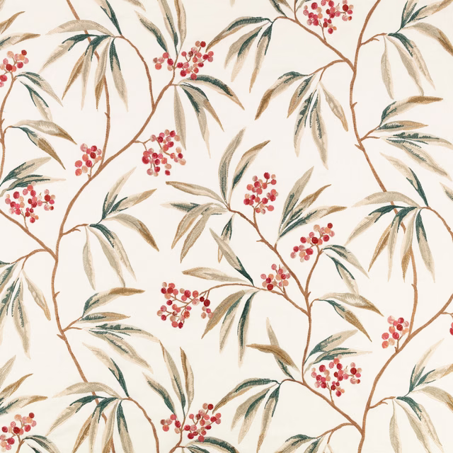 Ivory botanical fabric with russet branches, muted leaves and clusters of red berries