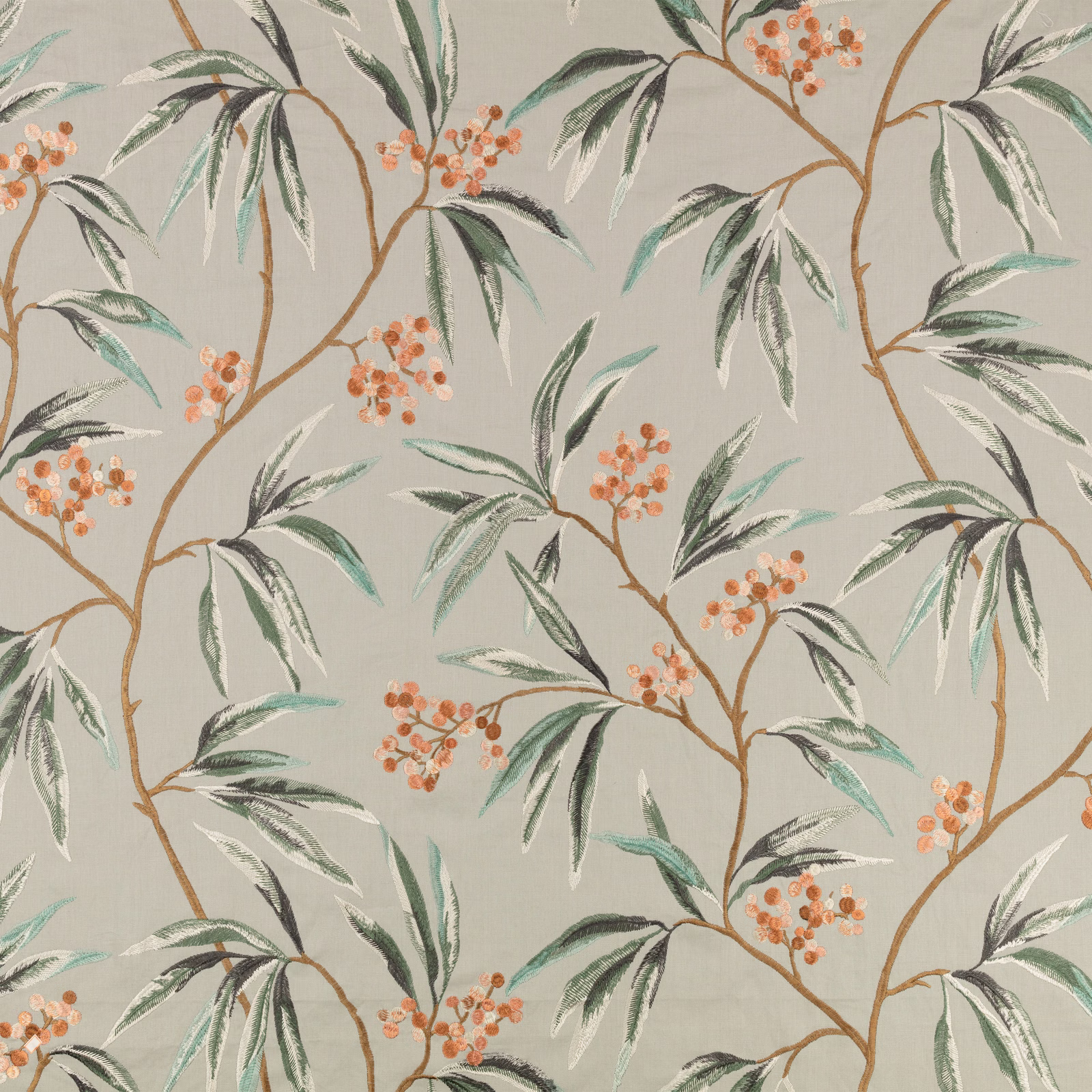 Stone-grey botanical fabric with sage leaves and coral-orange berry clusters