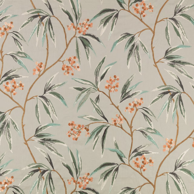 Stone-grey botanical fabric with sage leaves and coral-orange berry clusters