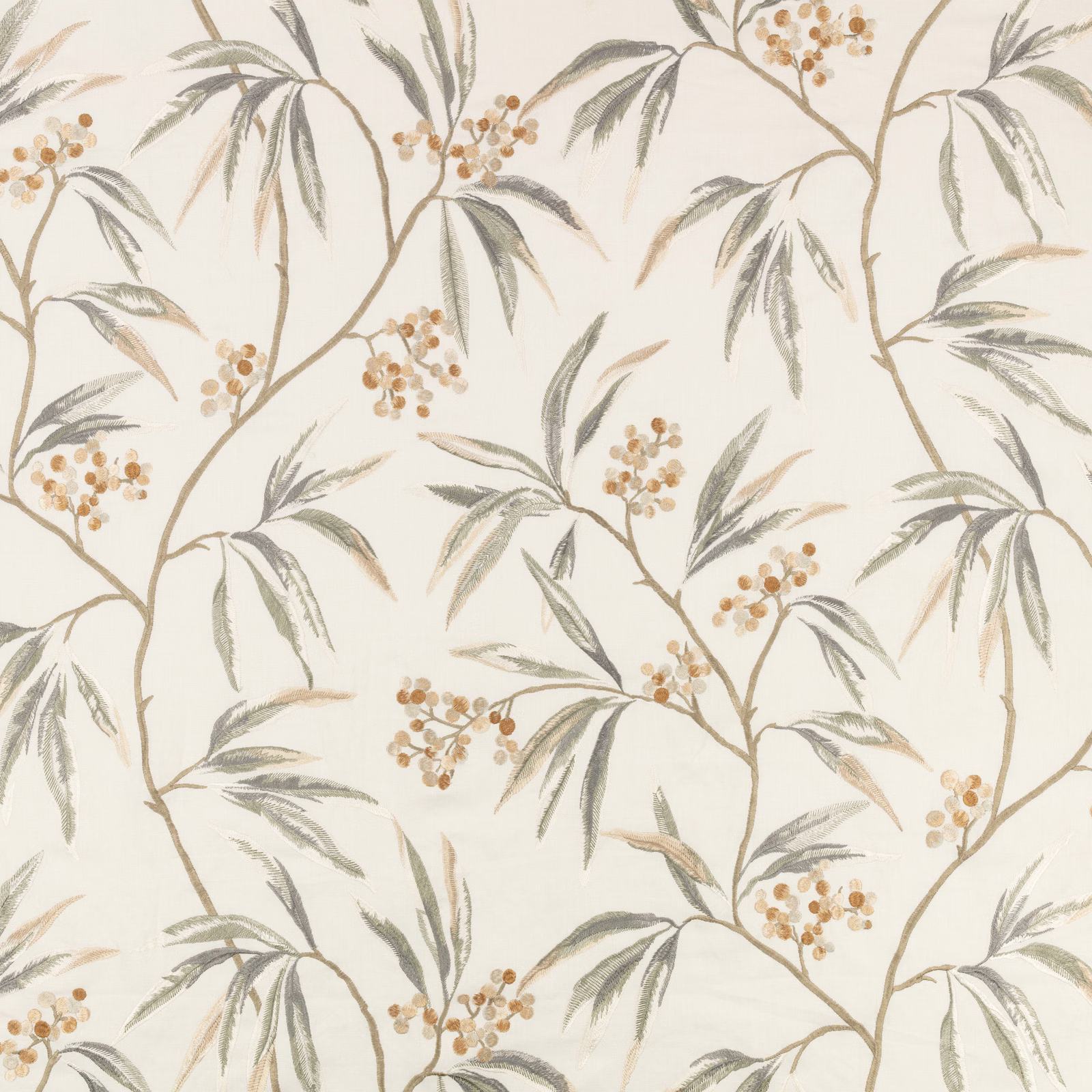 Cream botanical swatch with sage-grey leaves, tan branches and ochre berry clusters