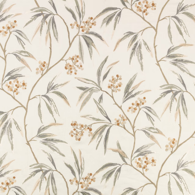 Cream botanical swatch with sage-grey leaves, tan branches and ochre berry clusters