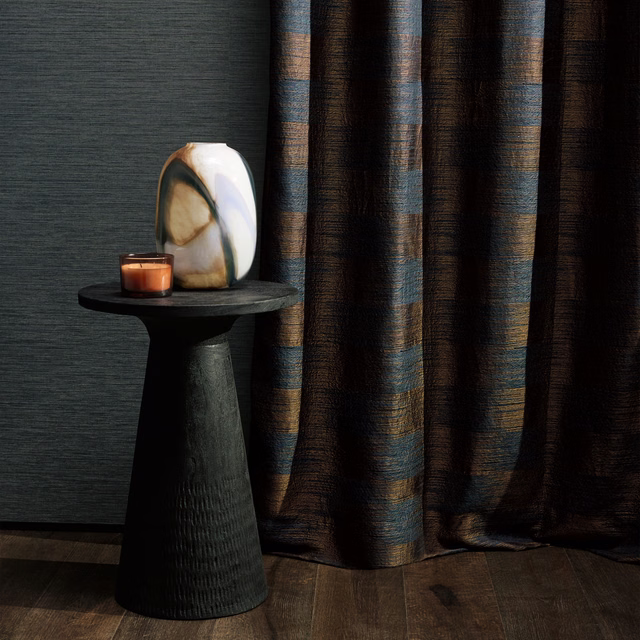 Charcoal curtain with muted blue-grey and brown vertical woven bands