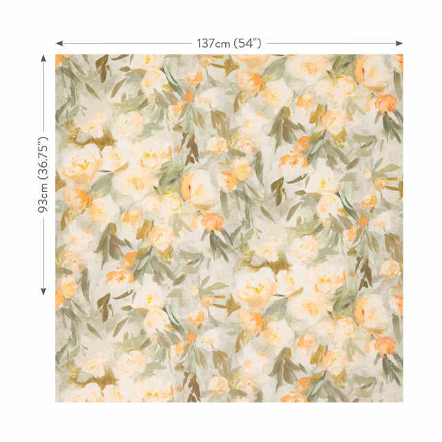 Cream floral fabric with sage leaves and clementine painterly blooms