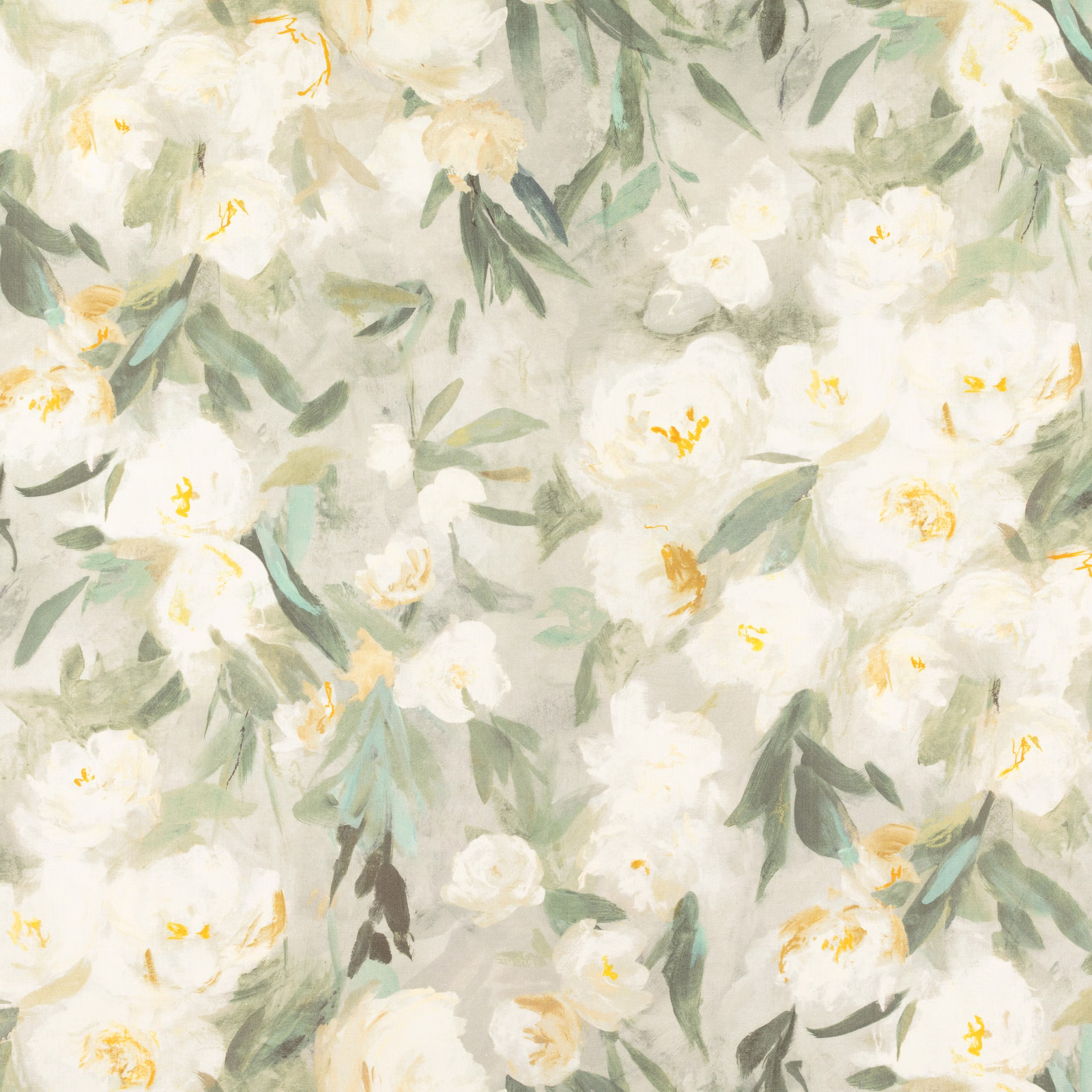 Pale lichen-green floral fabric with loose white blossoms and sage leaves