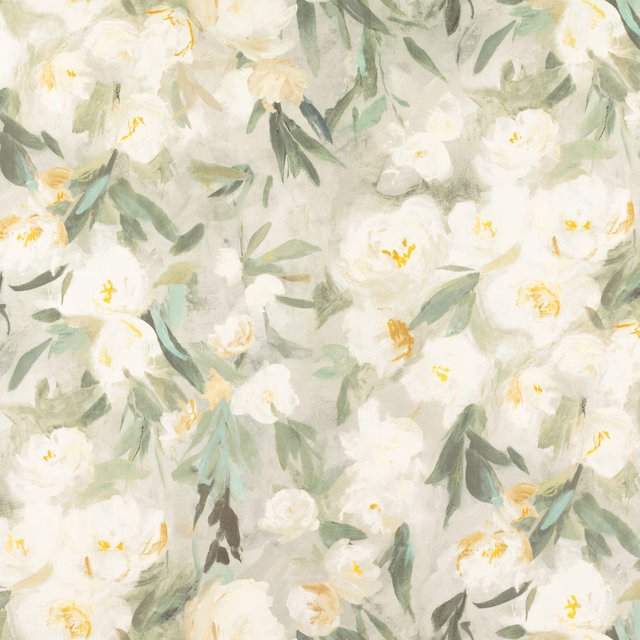 Pale lichen-green floral fabric with loose white blossoms and sage leaves