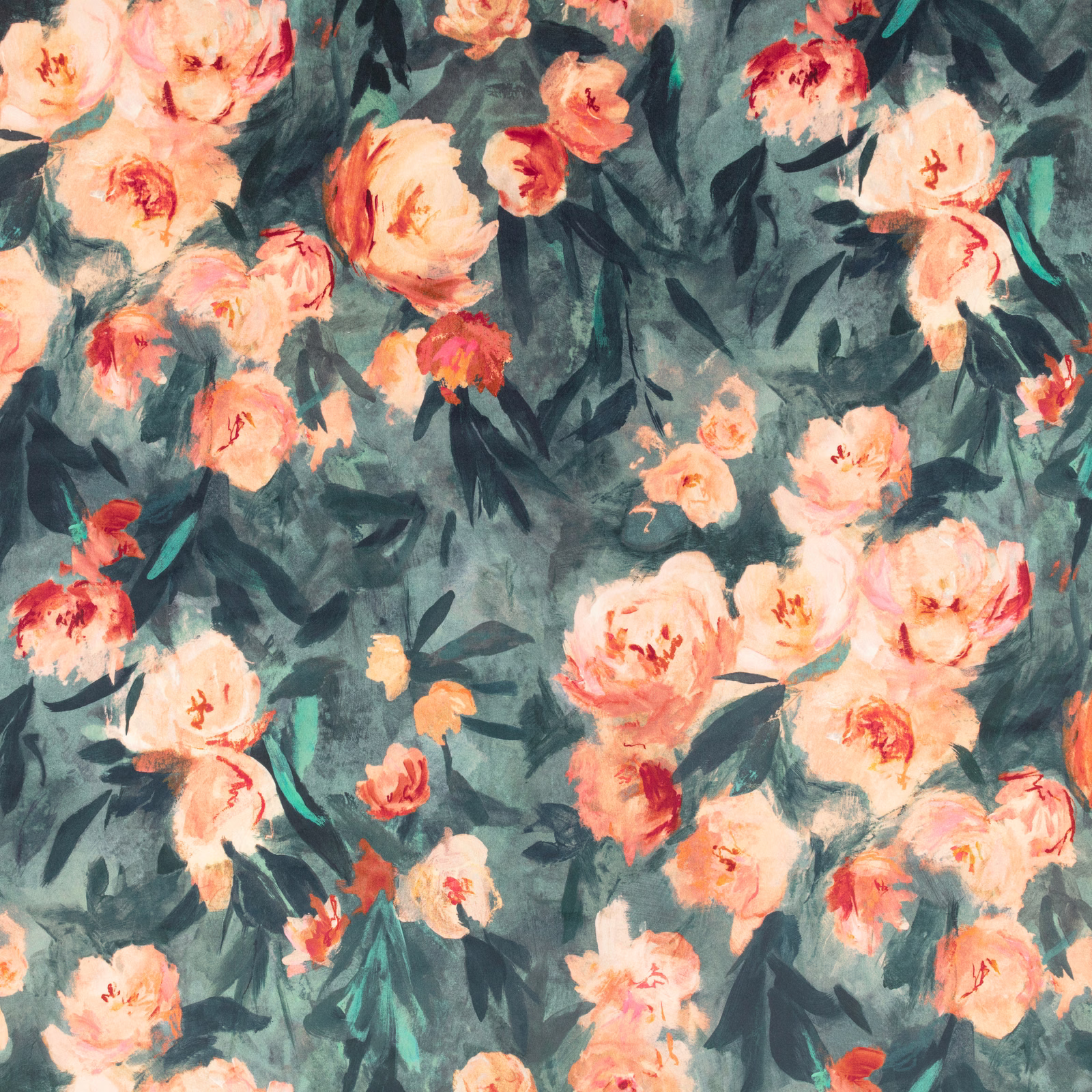 Painterly peach and coral flowers scattered across a deep teal velvet ground