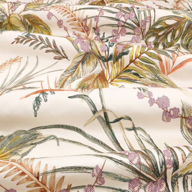 Cream botanical swatch with olive leaves, rust fronds and fig-purple flowers
