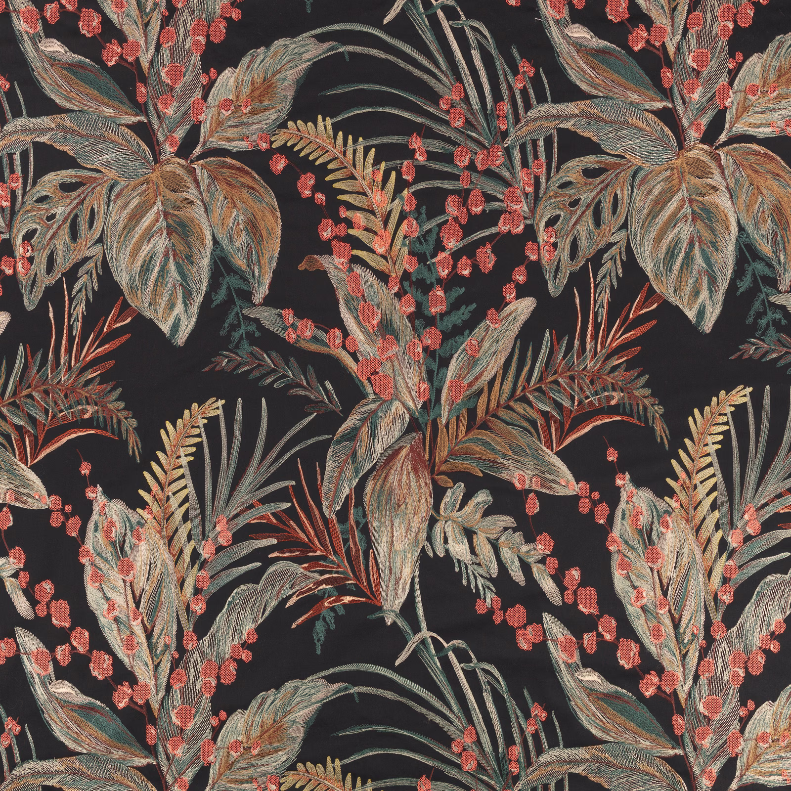 Charcoal botanical fabric with coral berries, sage leaves and muted rust foliage