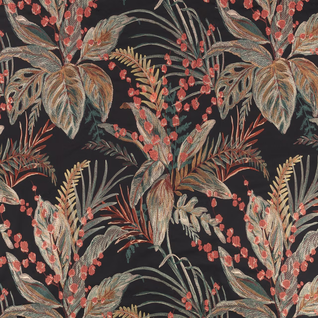 Charcoal botanical fabric with coral berries, sage leaves and muted rust foliage