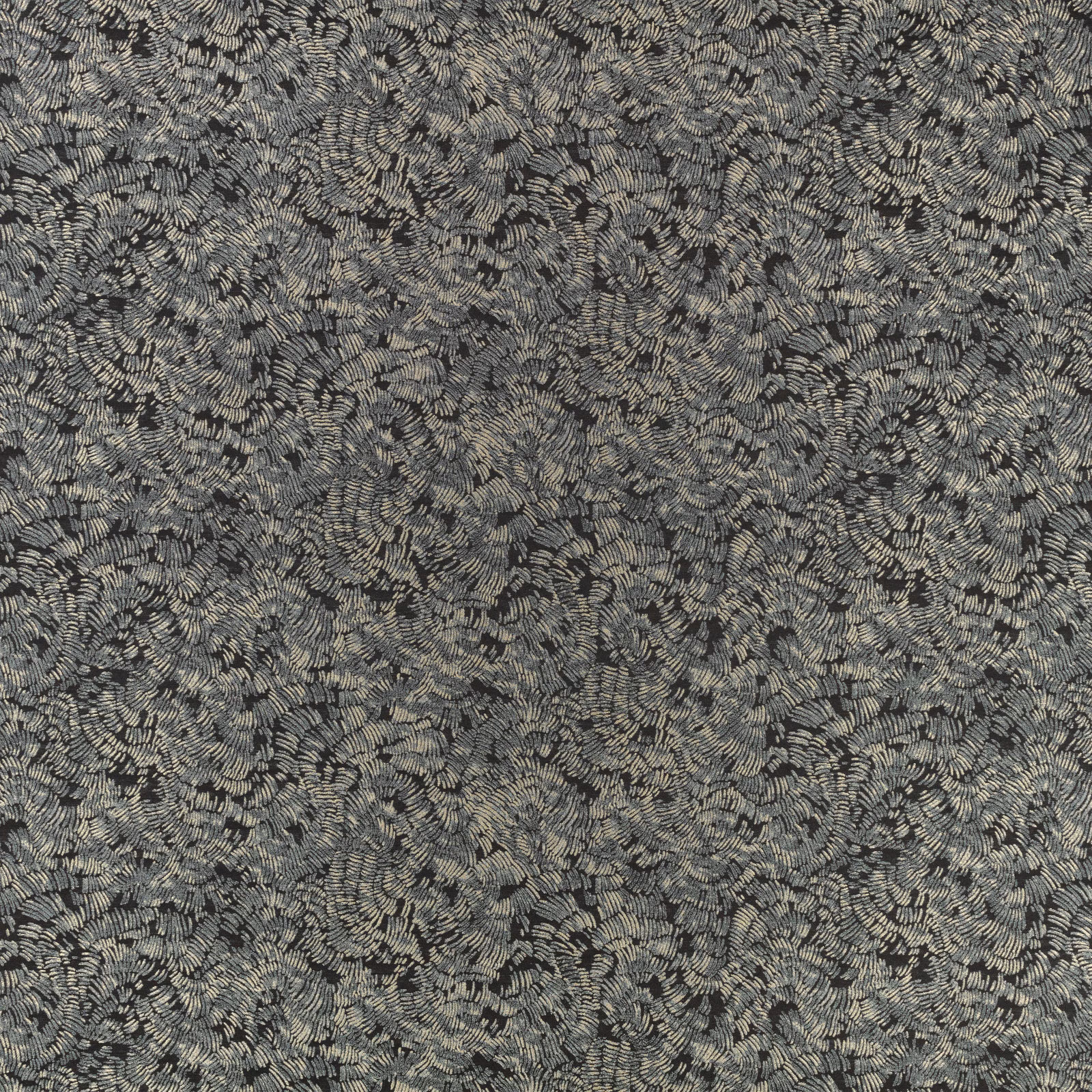 Charcoal-grey woven fabric with pale looping flecks and densely layered textured pattern