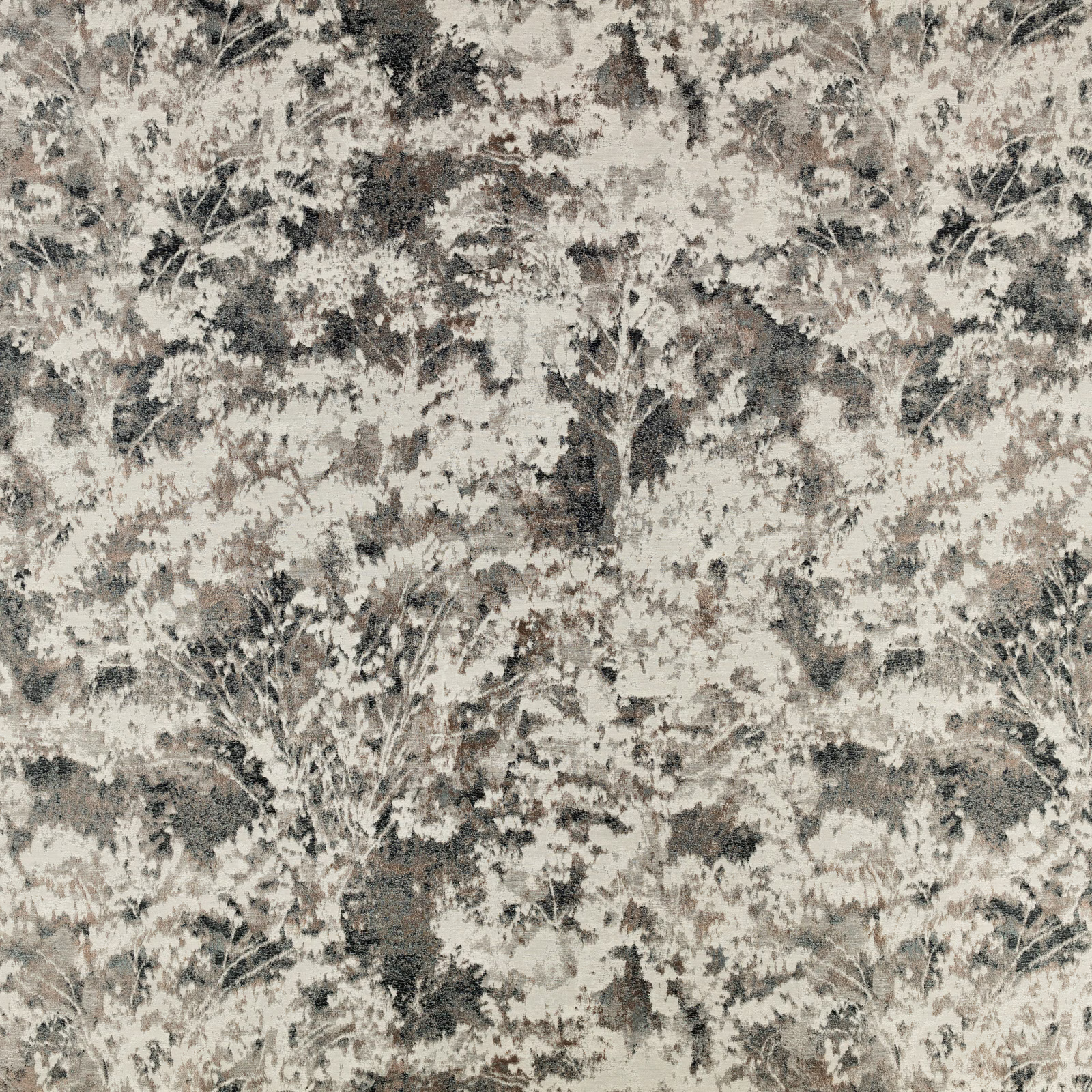 Charcoal botanical fabric with cream foliage and softly mottled textured surface