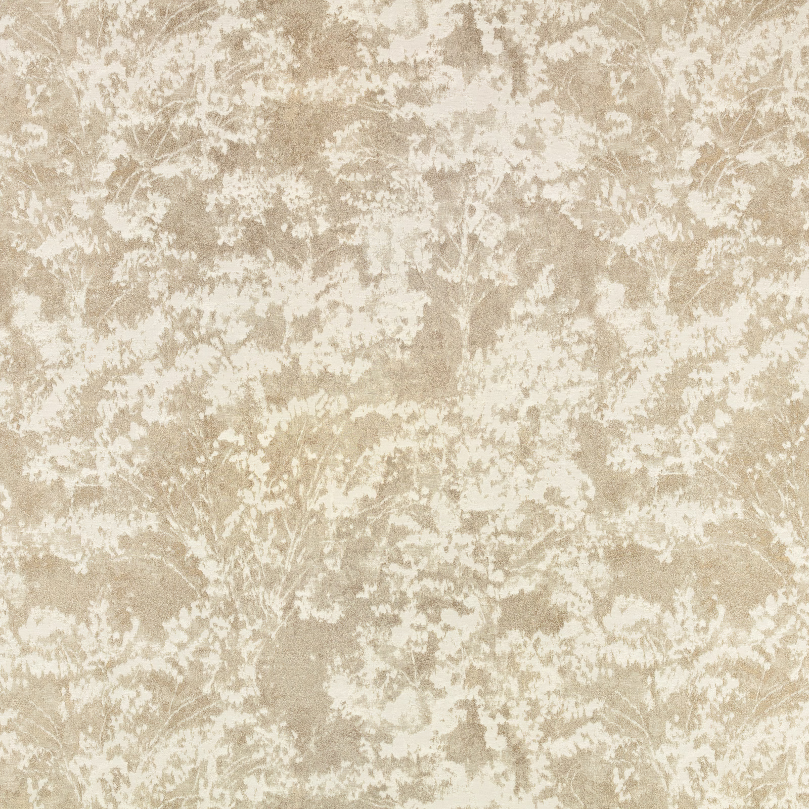 Warm oat-beige fabric with pale distressed foliage-like markings and mottled tonal texture