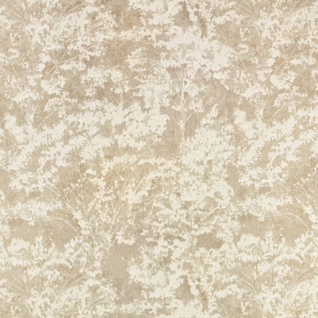 Warm oat-beige fabric with pale distressed foliage-like markings and mottled tonal texture