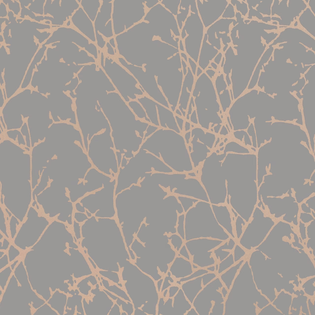 Grey wallpaper with delicate blush-taupe branching tracery in an all-over organic pattern