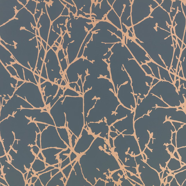 Slate-blue wallpaper with intricate peach branching botanical tracery across the surface