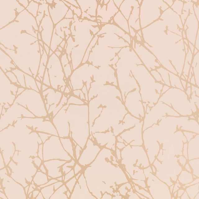 Pale blush wallpaper with fine taupe branching botanical tracery across the surface