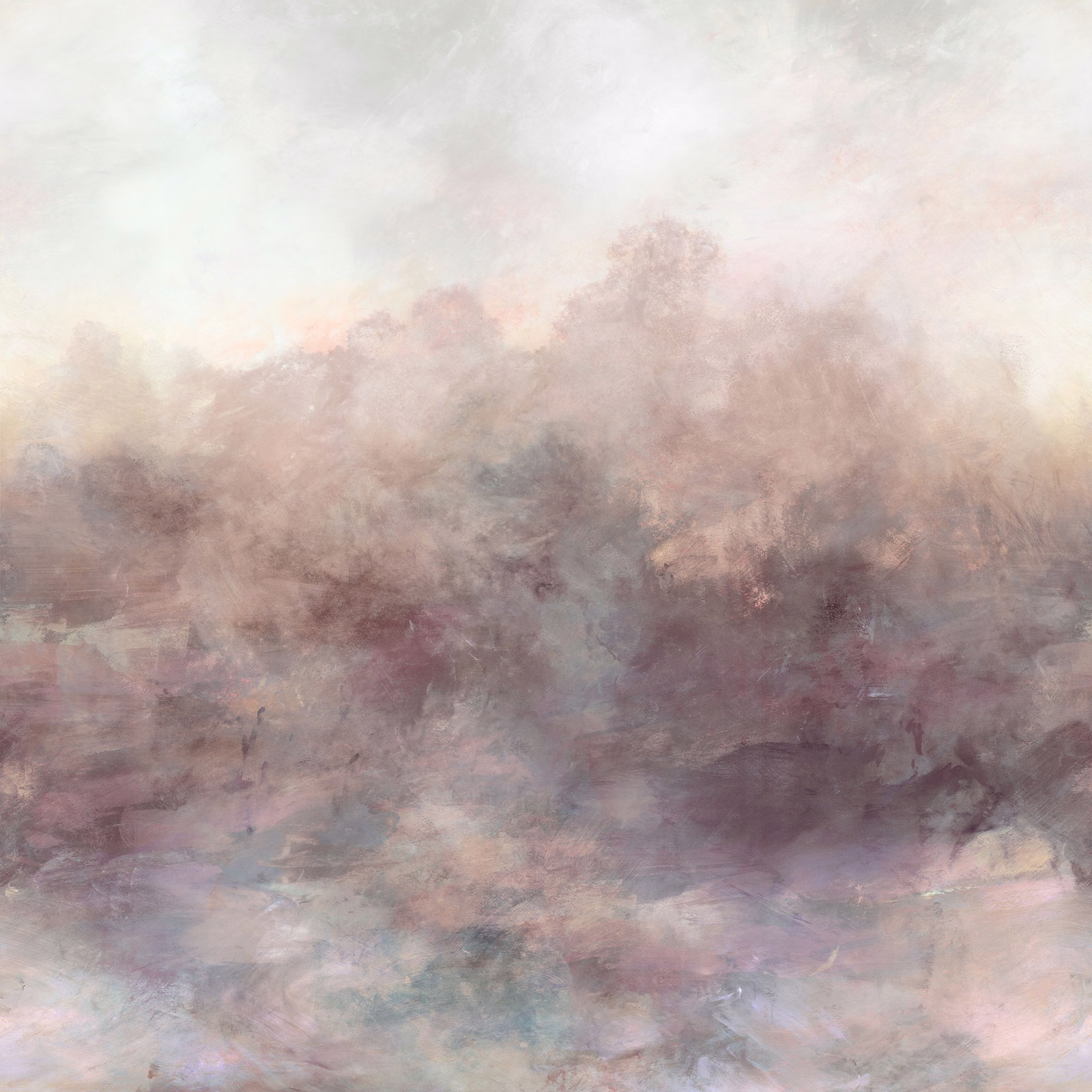 Atmospheric wallpaper mural in misty mauve, blush, taupe and blue-grey tones