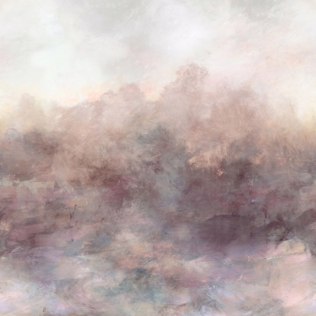Atmospheric wallpaper mural in misty mauve, blush, taupe and blue-grey tones