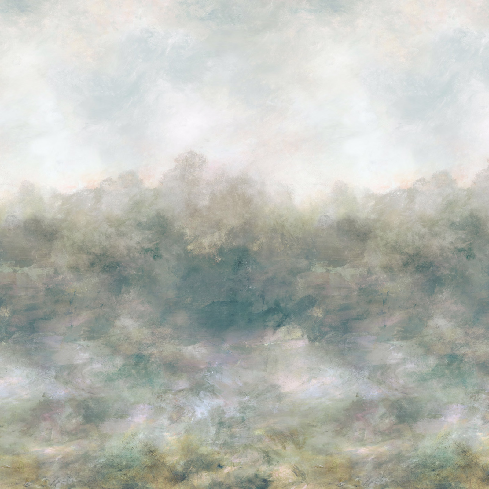 Pale aqua and sage misty landscape mural with soft grey-green brushwork