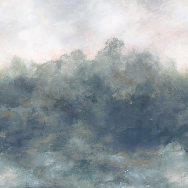 Misty slate-blue mural wallpaper with a hazy treeline and pale clouded sky