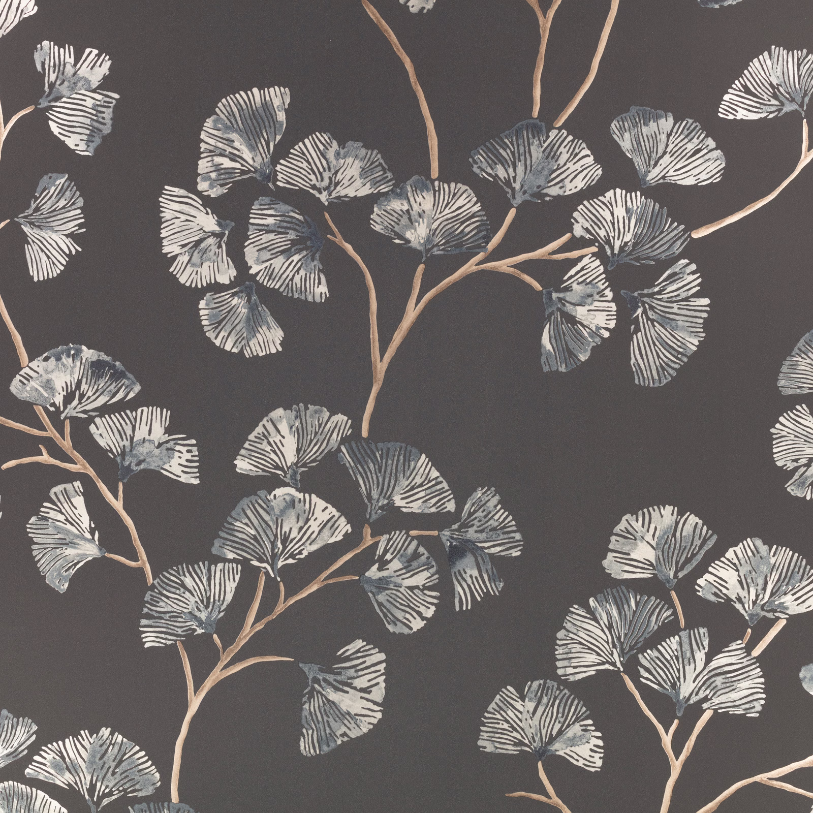 Charcoal wallpaper with ivory ginkgo leaves, smoky grey shading and taupe branching stems