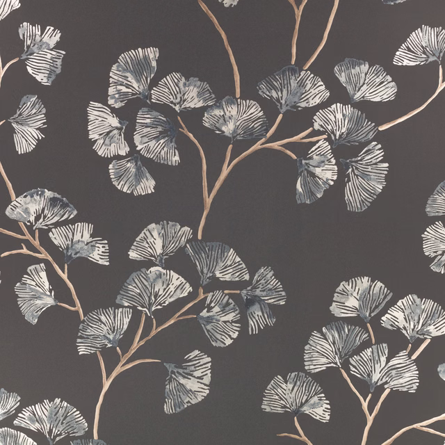 Charcoal wallpaper with ivory ginkgo leaves, smoky grey shading and taupe branching stems
