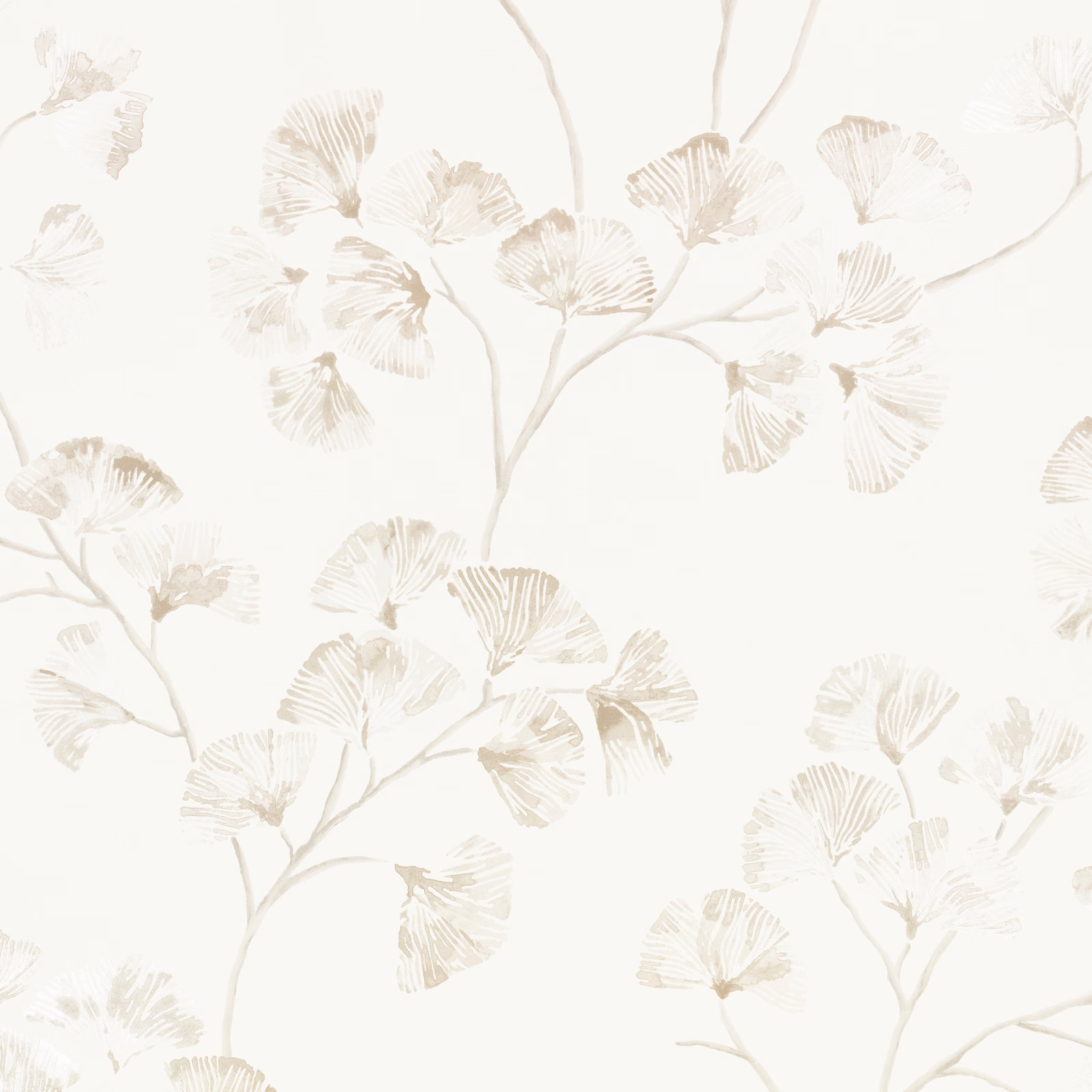 Warm ivory wallpaper with taupe branches and delicate fan-shaped leaves