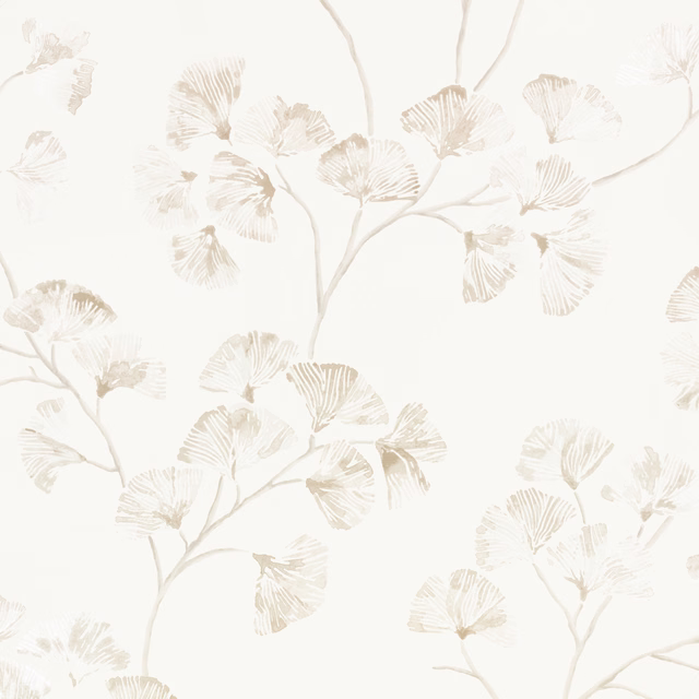 Warm ivory wallpaper with taupe branches and delicate fan-shaped leaves
