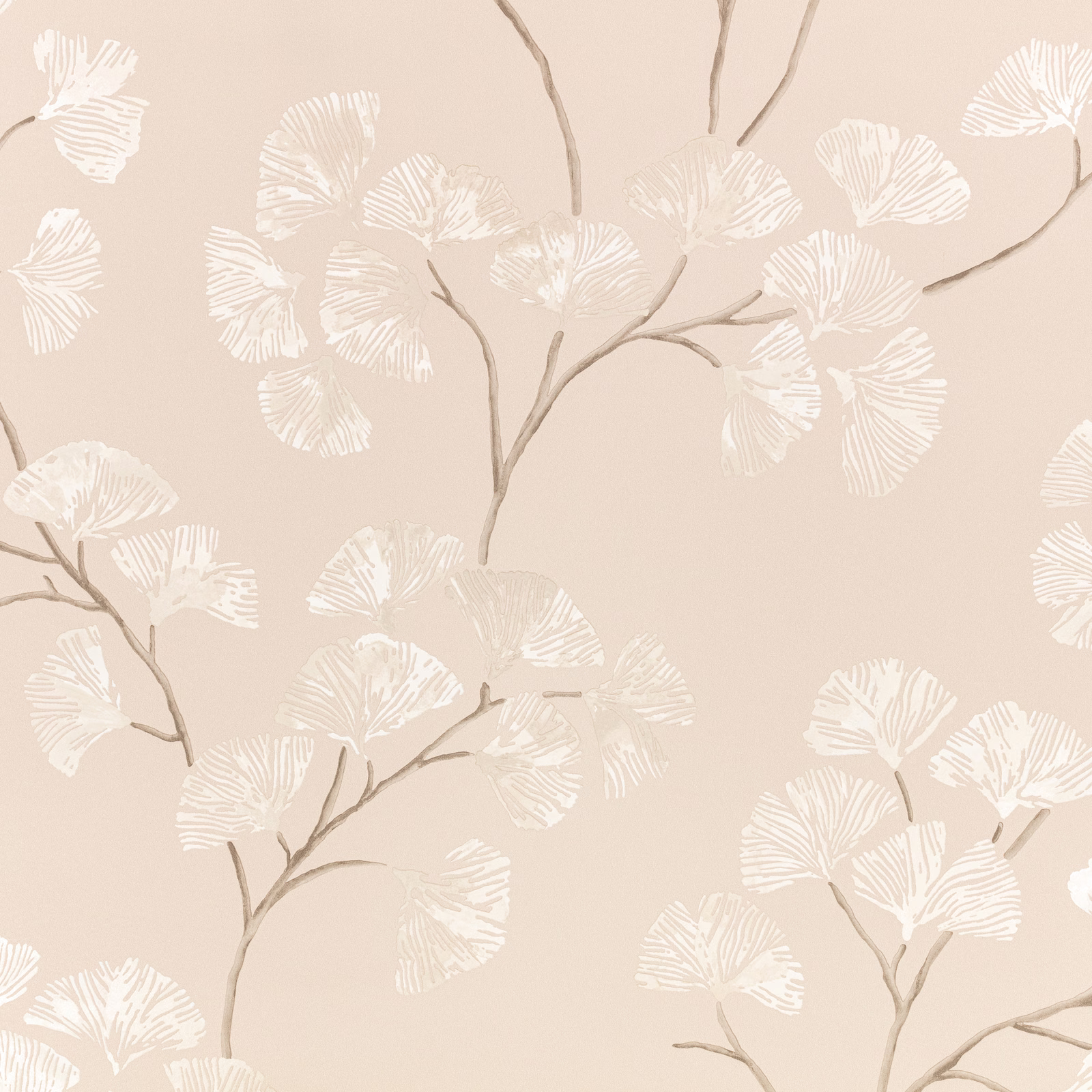 Pale beige wallpaper with white fan leaves and taupe branching stems