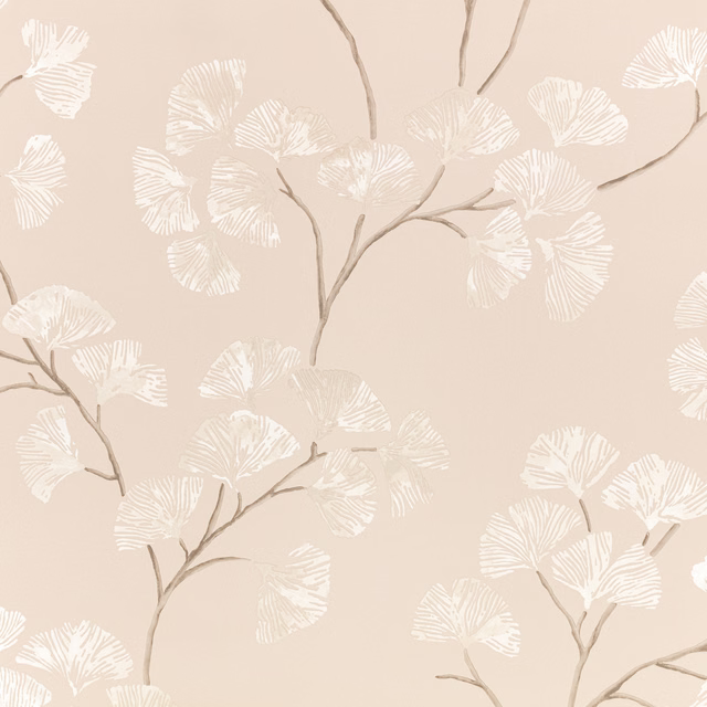 Pale beige wallpaper with white fan leaves and taupe branching stems